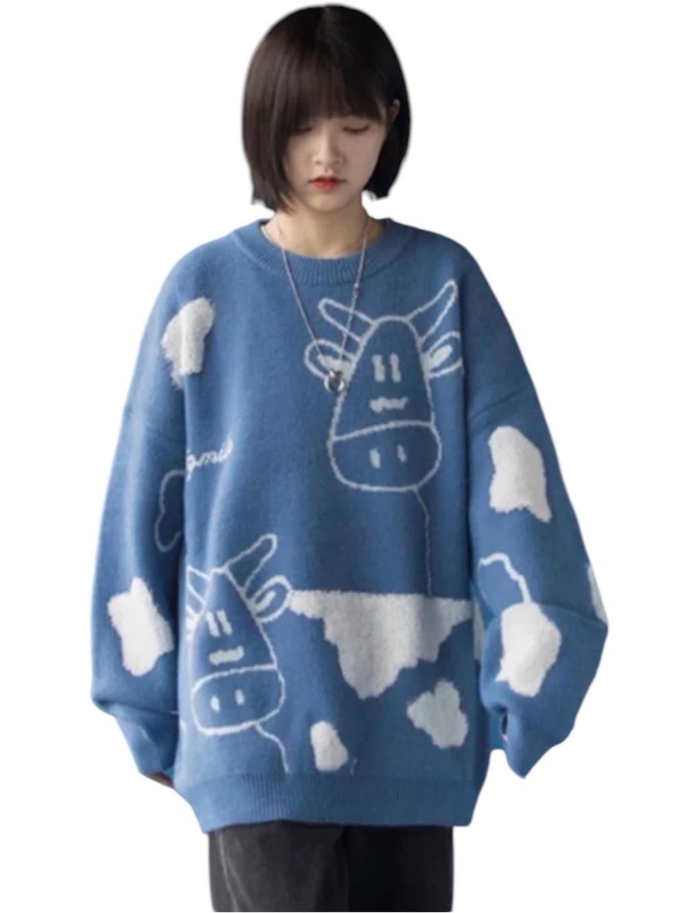 YWFG-JF Blue/White Cow Motif Crewneck Oversize Drop Shoulder Women's Sweater XL